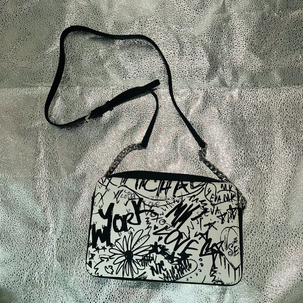 Michael Kors Crossbody Bag Black White Women's Mott Large Graffiti Leather